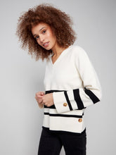Load image into Gallery viewer, Ecru Striped Wide Cuff V-Neck Sweater With Side Buttons
