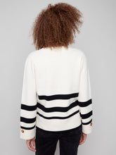 Load image into Gallery viewer, Ecru Striped Wide Cuff V-Neck Sweater With Side Buttons
