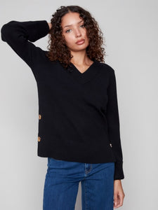 Black Wide Cuff V-Neck Sweater With Side Buttons