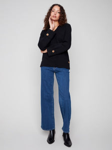 Black Wide Cuff V-Neck Sweater With Side Buttons