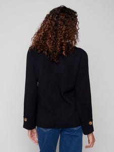 Black Wide Cuff V-Neck Sweater With Side Buttons