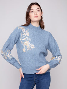 H.Denim Mock Neck Sweater with Sleeve Detail