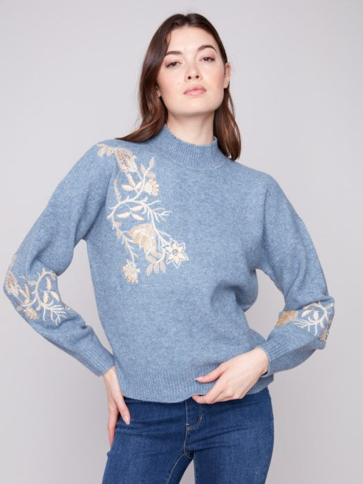 H.Denim Mock Neck Sweater with Sleeve Detail