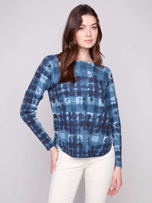 Shadow Printed Boat Neck Sweater With Side Buttons