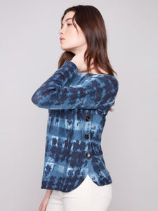 Shadow Printed Boat Neck Sweater With Side Buttons