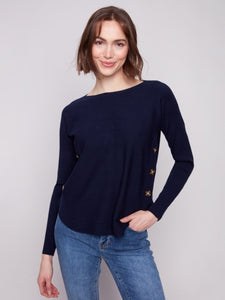 Navy Boat Neck Sweater With Side Buttons