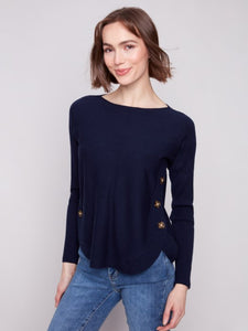 Navy Boat Neck Sweater With Side Buttons