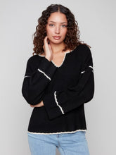 Load image into Gallery viewer, Black &amp; White Embroidered Ribbed Sweater with Notch Neck
