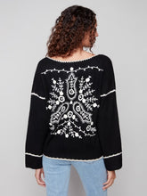 Load image into Gallery viewer, Black &amp; White Embroidered Ribbed Sweater with Notch Neck
