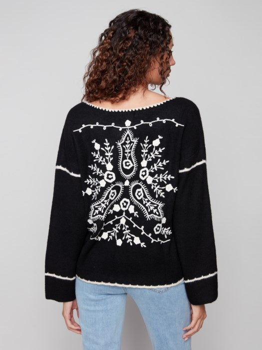 Black & White Embroidered Ribbed Sweater with Notch Neck