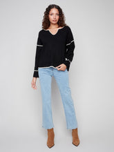Load image into Gallery viewer, Black &amp; White Embroidered Ribbed Sweater with Notch Neck
