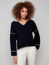 Load image into Gallery viewer, Navy Embroidered Ribbed Sweater with Notch Neck
