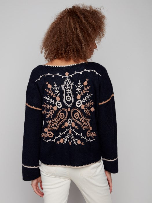 Navy Embroidered Ribbed Sweater with Notch Neck