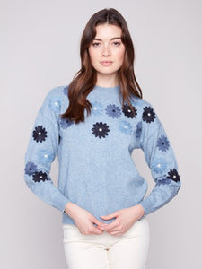 H. Denim Floral Embroidered Crew Neck Sweater
