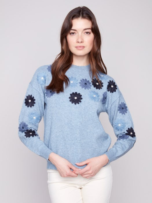 H. Denim Floral Embroidered Crew Neck Sweater