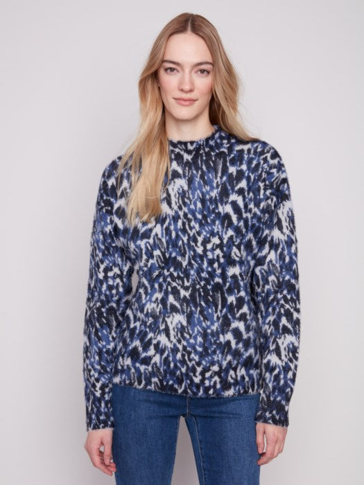 Panther Printed Eyelash Mock Neck Sweater