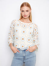 Load image into Gallery viewer, Powder Blue Floral Crochet Sweater
