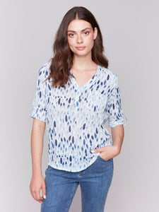 Blue Printed Cotton Gauze Half-Button Blouse