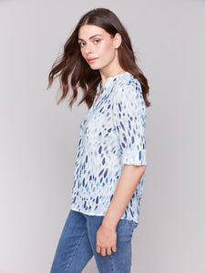 Blue Printed Cotton Gauze Half-Button Blouse