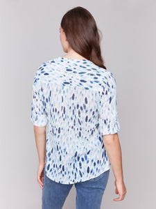 Blue Printed Cotton Gauze Half-Button Blouse