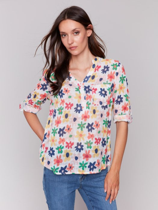 Daisies Printed Cotton Gauze Half-Button Blouse