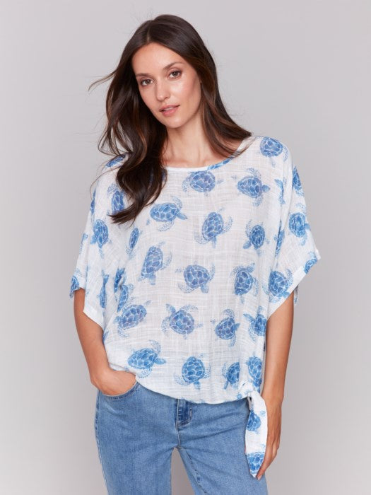 Tortoise Printed Cotton Gauze Blouse with Side Tie