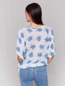 Tortoise Printed Cotton Gauze Blouse with Side Tie
