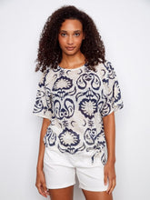 Load image into Gallery viewer, CB- Ornament inted Cotton Gauze Blouse With Side Tie
