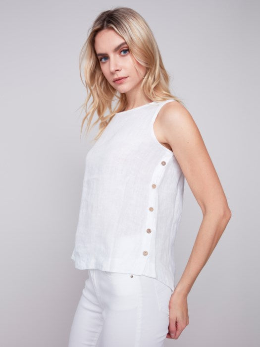 CB- White Sleeveless Linen Top with Side Button