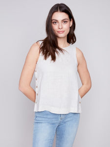 Natural Sleeveless Linen Top with Side Buttons