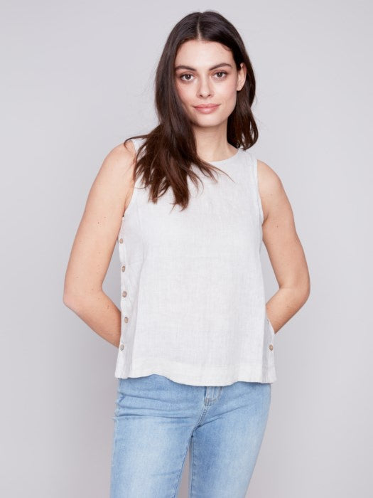 Natural Sleeveless Linen Top with Side Buttons