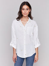 Load image into Gallery viewer, Linen Blend Tunic Blouse with Embroidered Gold Hearts
