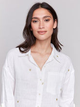 Load image into Gallery viewer, Linen Blend Tunic Blouse with Embroidered Gold Hearts
