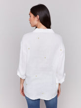 Load image into Gallery viewer, Linen Blend Tunic Blouse with Embroidered Gold Hearts
