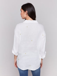 Linen Blend Tunic Blouse with Embroidered Gold Hearts