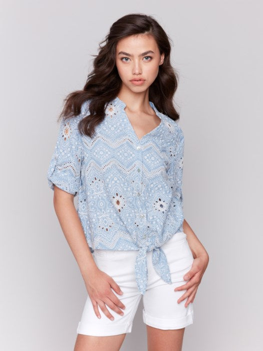 Eyelet Embroidery Cotton Blouse with Front Tie