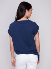 Load image into Gallery viewer, Navy Printed Linen Top with Side Tie
