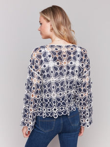 Denim Blue Cotton Blend Crochet Top