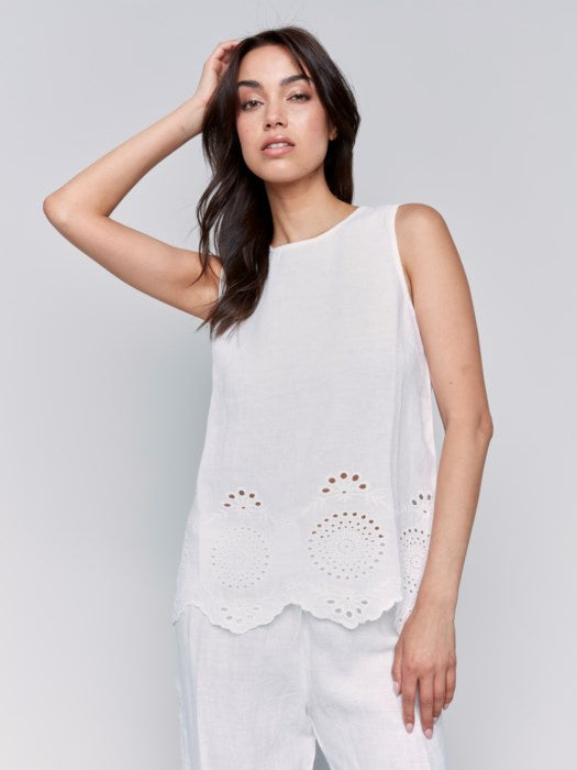 White Linen Tank with Eyelet Embroidery