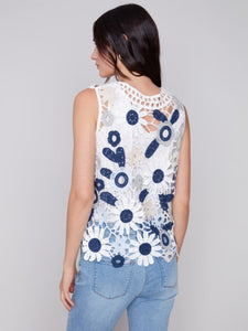 Celadon Sleeveless Crochet Top With Floral Pattern