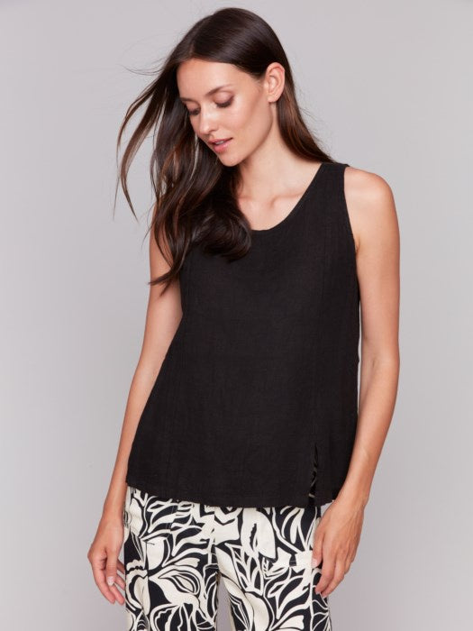 Black Sleeveless Linen Top with Slit