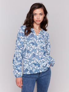 Azure Printed Viscose Long Sleeve Popover Blouse