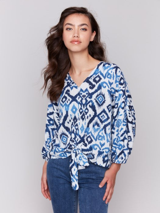 Ikat Printed Popover Blouse with Front Tie