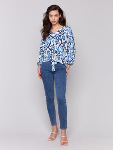 Ikat Printed Popover Blouse with Front Tie
