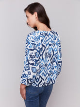 Load image into Gallery viewer, Ikat Printed Popover Blouse with Front Tie
