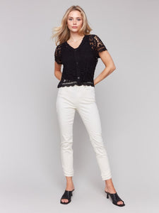 Black Short Sleeve Crochet Cardigan