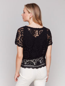 Black Short Sleeve Crochet Cardigan