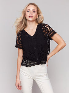 Black Short Sleeve Crochet Cardigan