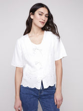 Load image into Gallery viewer, Eyelet Embroidery V-Neck Blouse with Front Ties
