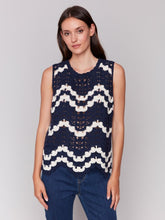 Load image into Gallery viewer, Navy &amp; White Sleeveless Crochet Crew Neck Top
